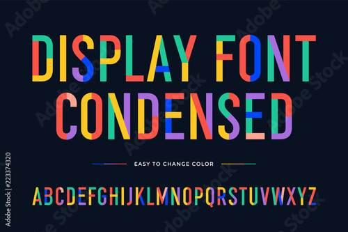 Colorful font. Colorful condensed alphabet and font. Condensed bold uppercase color letters. Type, typography letter latin font. Hand-drawn modern narrow font for headline, text. Vector Illustration