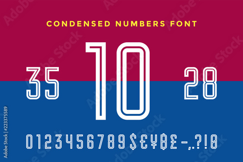 Numeric and symbol font. Sport font with Numeric, Numbers and Money Symbols. Bold and regular uppercase numbers. Strong industrial inline sport font for creative typographic. Vector Illustration