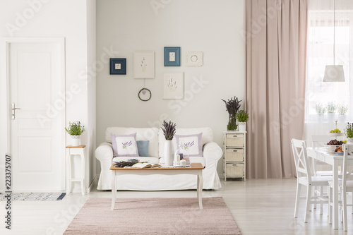 Lavender flowers on table in front of white couch in flat interior with pink drapes and posters. Real photo