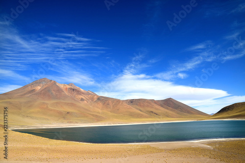 Laguna Miniques or Miniques Lake with Cerro Miscanti Volcano in the Backdrop, Antofagasta Region of Northern Chile 