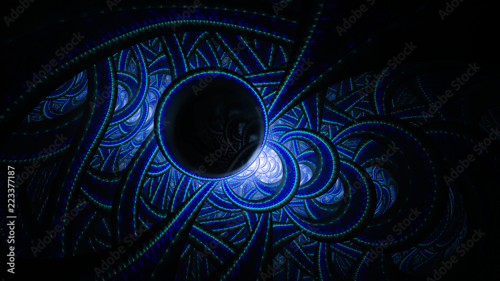 Obraz premium Stained glass. Neon pattern. 3D surreal illustration. Sacred geometry. Mysterious psychedelic relaxation pattern. Fractal abstract texture. Digital artwork graphic astrology magic
