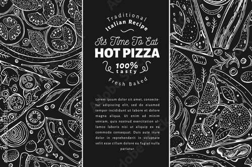 Italian pizza and ingredients frame. Italian food banner design template. Vintage hand drawn vector illustration on chalk board. Can be use for menu or packaging.