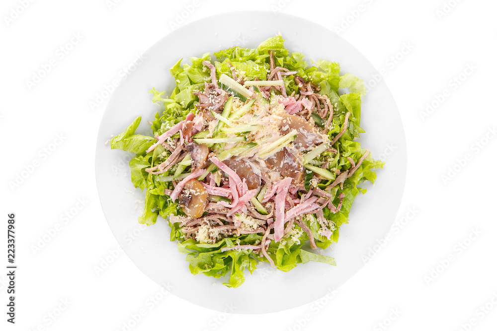 Salad with mushrooms, champignons, ham, cucumber, cheese, lettuce, mayonnaise on plate, white isolated background, view from above, for the menu restaurant bar cafe Salad with mushrooms, champignons, ham, cucumber, cheese, lettuce, mayonnaise on plate, white isolated background, view from above, for the menu restaurant bar cafe