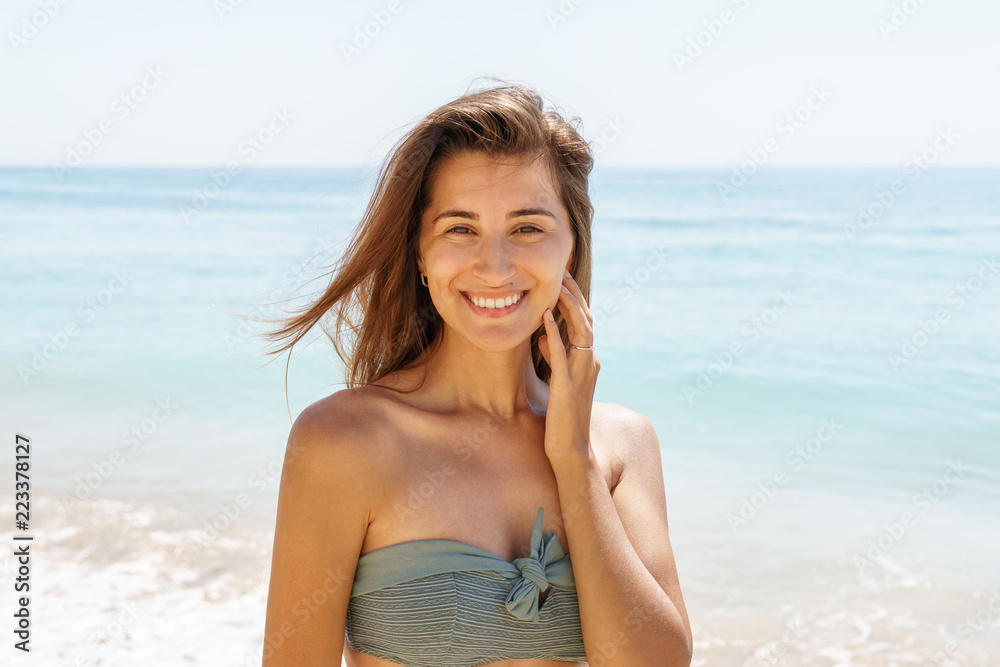 Beautiful Engaged Young Woman Portrait With Engagement Diamond Ring Feeling Happy On Beach Beautiful Engaged Young Woman Portrait With Engagement Diamond Ring Feeling Happy On Beach