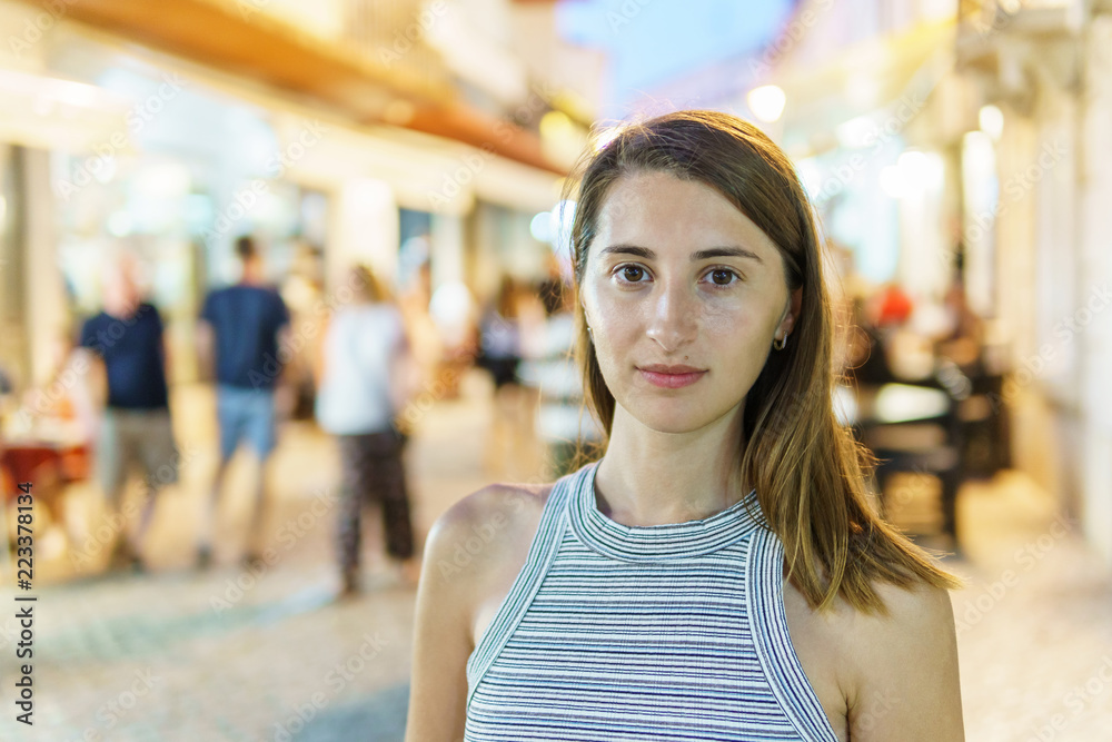 Happy Young Woman Portrait Having Fun In The City At Night