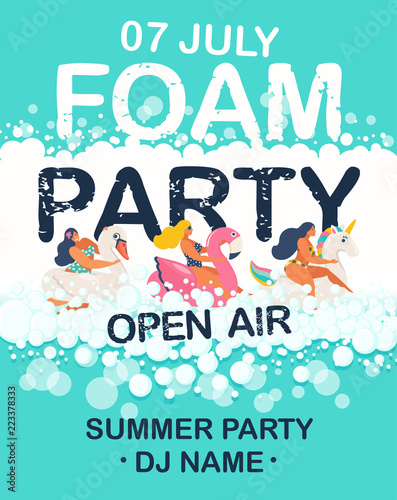 Foam Party summer Open Air. Flamingo, unicorn, swan inflatable swimming pool floats. Vector pattern.