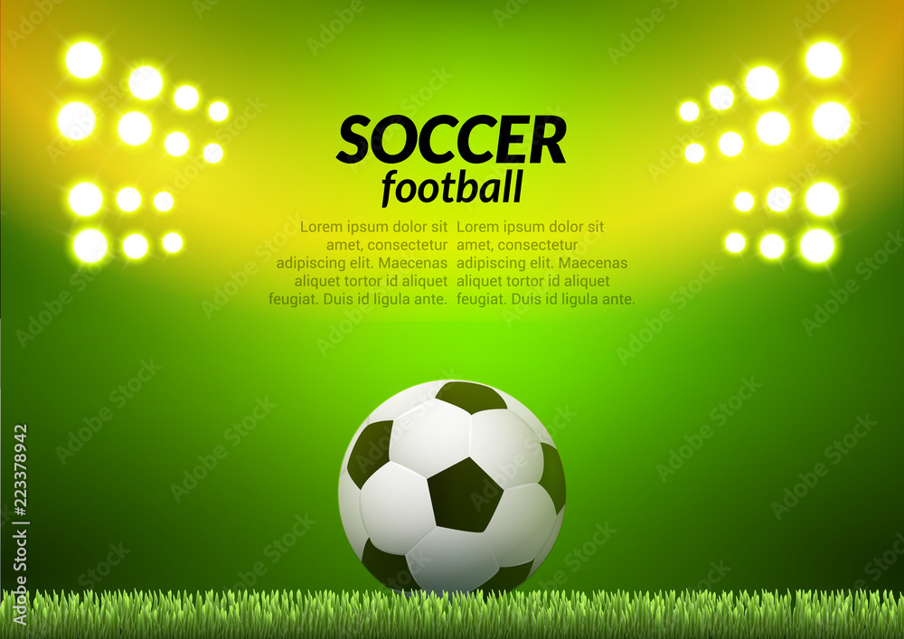 Obraz premium Soccer football stadium backgorund. Vector ball on green field, sport illustration