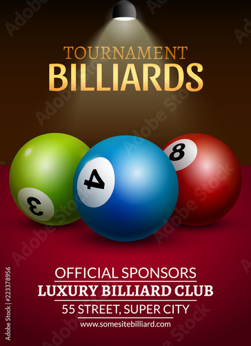 Vector Billiard challenge poster. 3d realistic balls on billiard table with lamp. Flyer design or poster cover