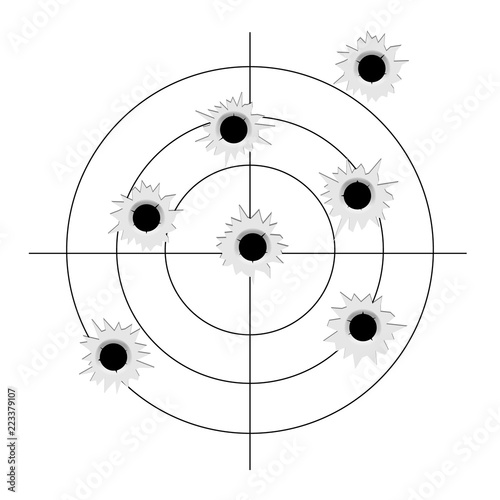 Target with bullet holes. Vector aim bullet hole mark sign