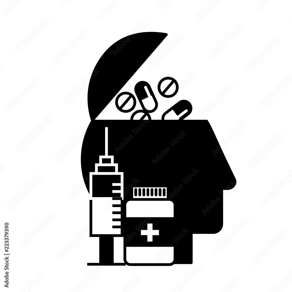 profile human head pills and bottle medical syringe profile human head pills and bottle medical syringe