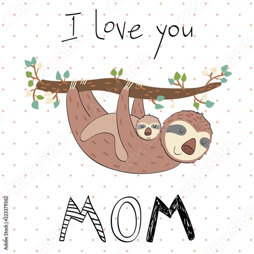 Baby shower cards. Vector sloth mom and baby