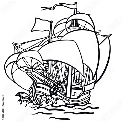 old hand drawn pirate sailing ship in rough sea with cocked sails. Vector graphics, outlines, coloring page, tattoo template.