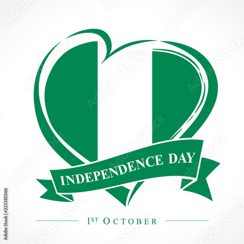 1st October Nigeria Independence Day love emblem. Flag of Nigeria with heart shape for Nigerian Independence Day isolated on white background. Vector illustration