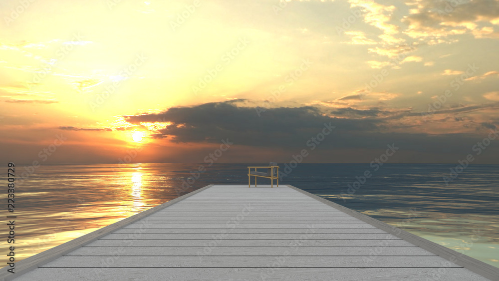 alone chair on wooden pier on the sea with sunset/sunrise - 3d render