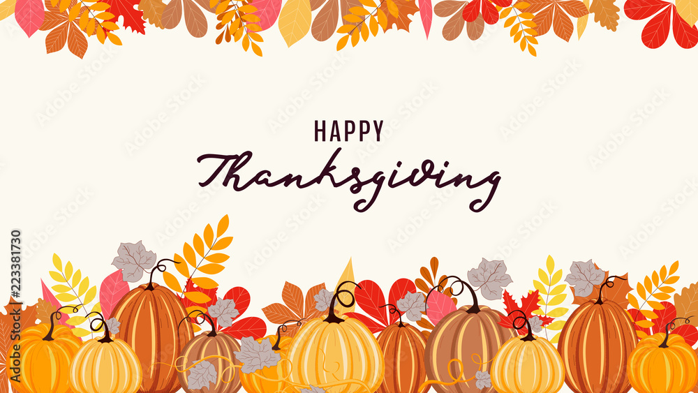 Naklejka premium Autumn background with pumpkins, autumn leaves, vector illustration.Autumn banner with frame for text. Happy Thanksgiving background
