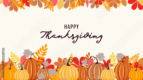 Autumn background with pumpkins, autumn leaves, vector illustration.Autumn banner with frame for text. Happy Thanksgiving background