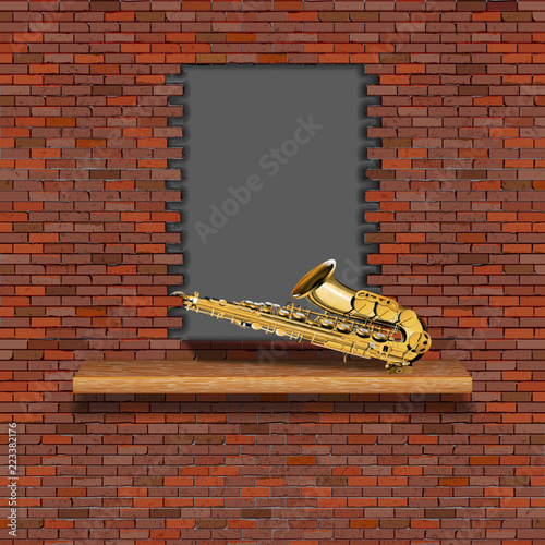 Saxophone, jazz in the failure of the old brick wall. There is an empty space for placing your text or image.