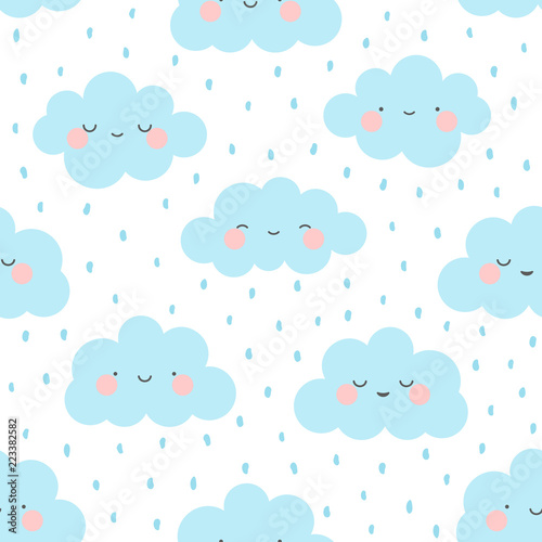 Cute Cartoon Face Cloud Seamless Pattern Background with Dot, Vector illustration