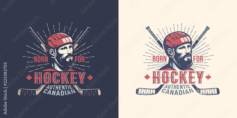 Fototapeta premium Vintage Canadian hockey logo with bearded player and crossed sticks.