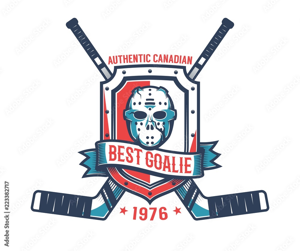Fototapeta premium Retro logo of the hockey goalkeeper - vintage goalie mask, knight's shield and crossed sticks.