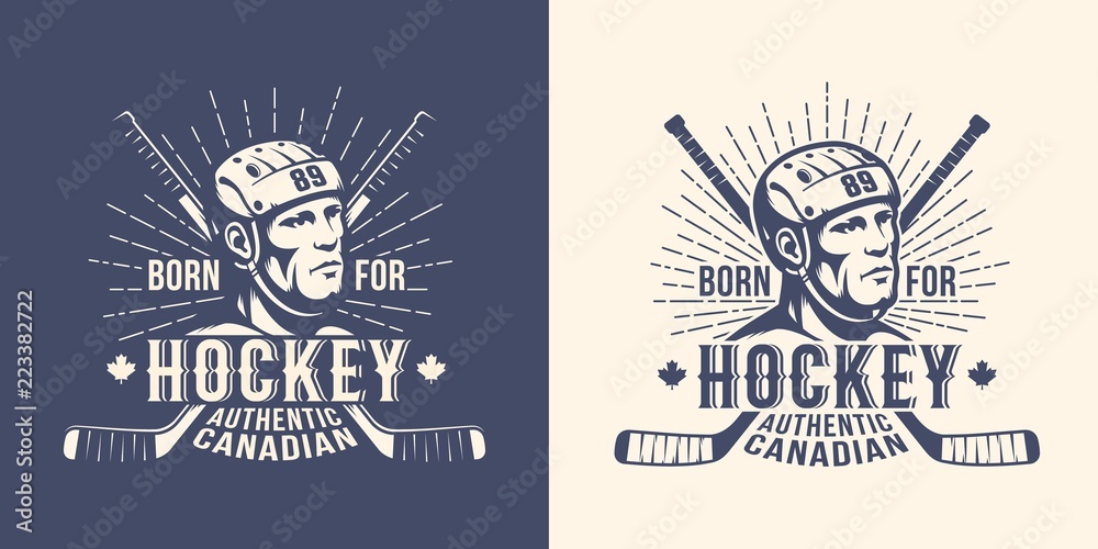 Obraz premium Hockey retro vintage logo with player head and crossed sticks. Versions for light and dark background. Stamp style. 