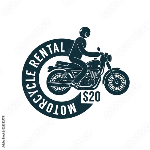 Motorbike rental -  simple logo template with motorcyclist and  ribbon.
