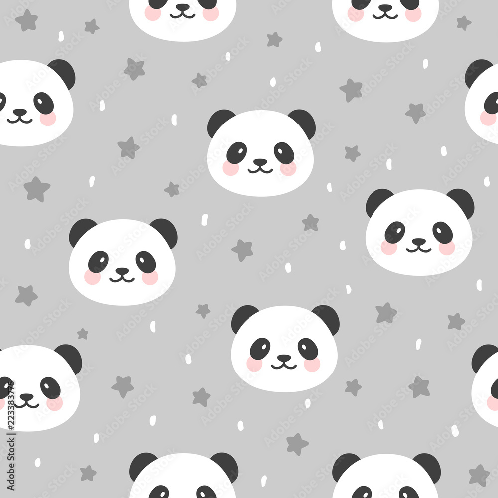 Cute Panda Seamless Pattern, Animal Background with stars and heart for Kids, Vector illustration