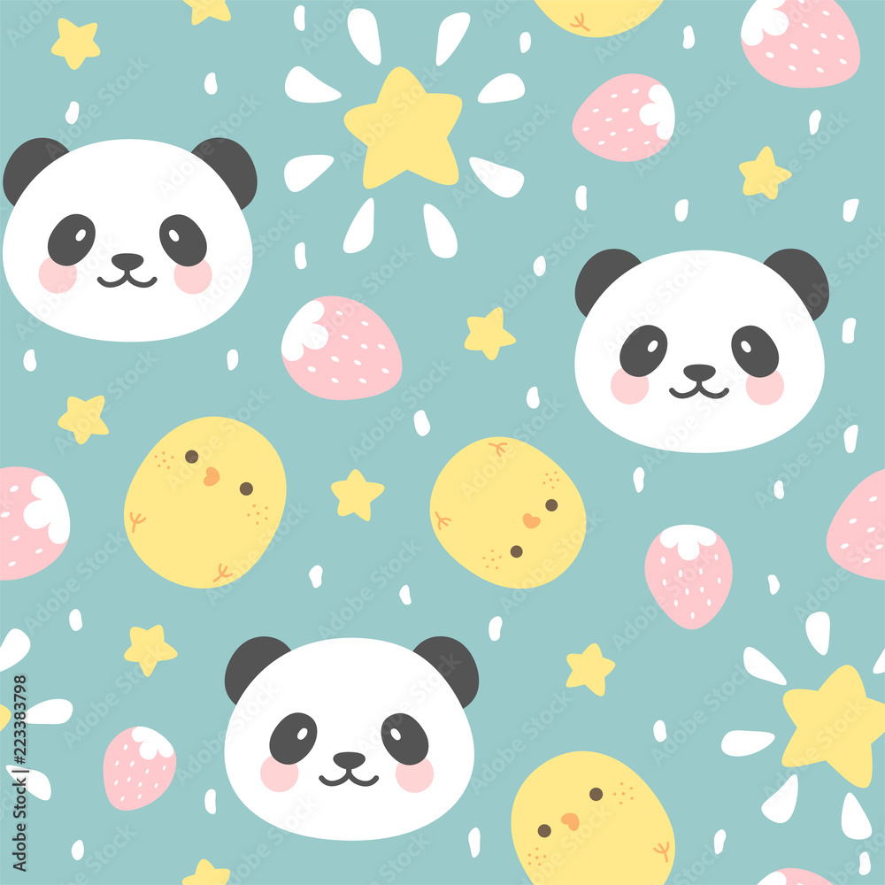 Fototapeta premium Cute Panda Seamless Pattern with chick and strawberry, Animal Background with stars and heart for Kids, Vector illustration