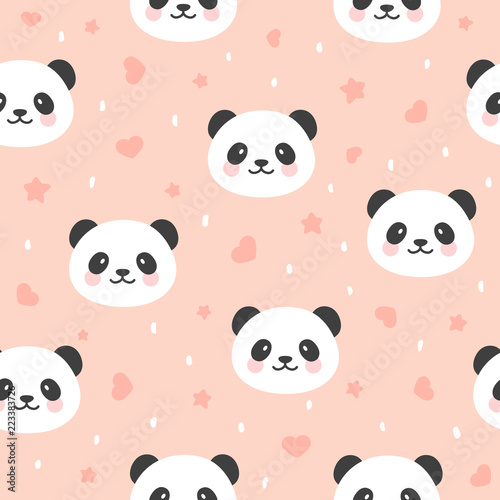 Fototapeta Naklejka Na Ścianę i Meble -  Cute Panda Seamless Pattern with chick and strawberry, Animal Background with stars and heart for Kids, Vector illustration