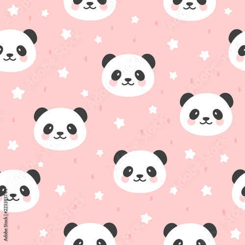 Fototapeta Naklejka Na Ścianę i Meble -  Cute Panda Seamless Pattern with chick and strawberry, Animal Background with stars and heart for Kids, Vector illustration