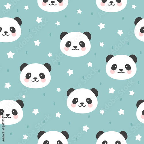 Fototapeta Naklejka Na Ścianę i Meble -  Cute Panda Seamless Pattern with chick and strawberry, Animal Background with stars and heart for Kids, Vector illustration