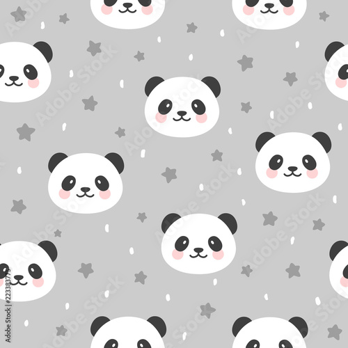 Fototapeta Naklejka Na Ścianę i Meble -  Cute Panda Seamless Pattern, Animal Background with stars and heart for Kids, Vector illustration