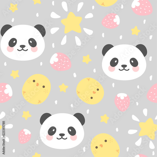 Fototapeta Naklejka Na Ścianę i Meble -  Cute Panda Seamless Pattern with chick and strawberry, Animal Background with stars and heart for Kids, Vector illustration