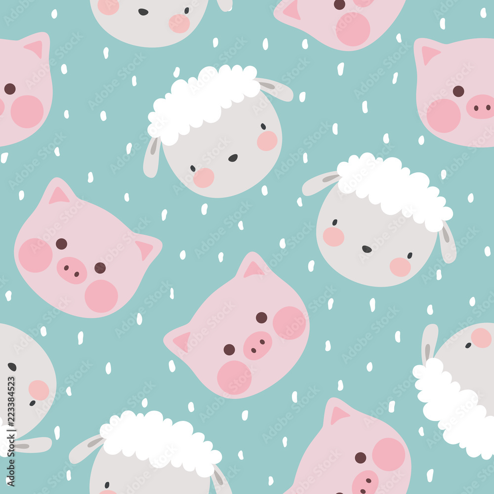 Naklejka premium pig and sheep animal seamless pattern, cute cartoon animals background, vector illustration