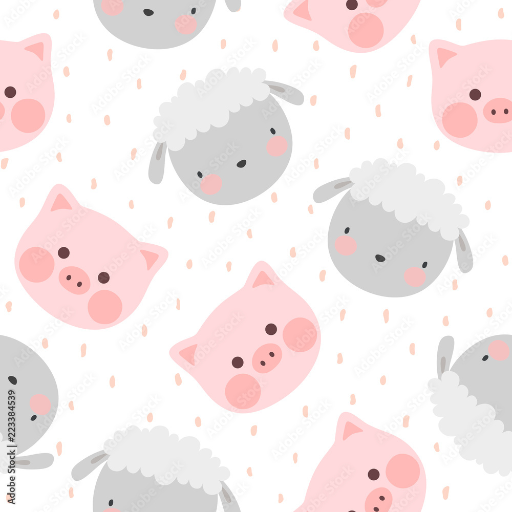 pig and sheep animal seamless pattern, cute cartoon animals background, vector illustration