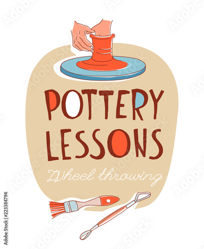 Clay Pottery Lessons Studio. Artisanal Creative Craft logo concept. Handmade traditional pottery making, hands shaping vase on spinning wheel red clay hand drawn vector illustration doodle style