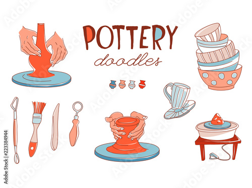 Clay Pottery Workshop Studio icons set. Artisanal Creative Craft concept. Handmade traditional pottery making, hand drawn vector illustration doodle style