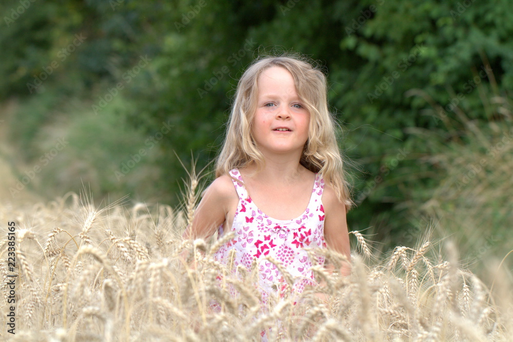 Little blonde girl walking on a wheat field Little blonde girl walking on a wheat field