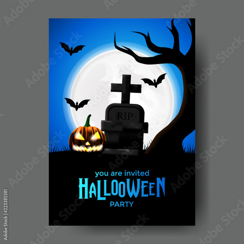 hallowen party invitation with tomb and jack lantern pumpkin at the night with full moon and bat . trick or treat for banner poster label template. vector illustration.