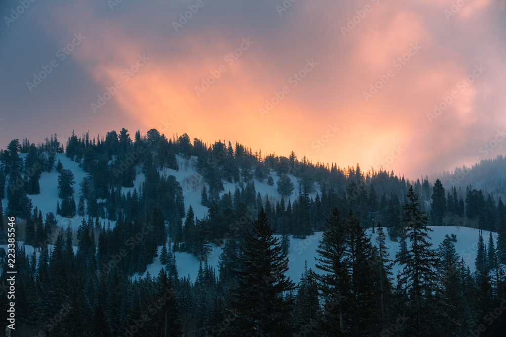 Sunrise Over A Snowy Mountain Ski Resort