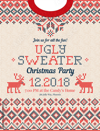 Ugly sweater Christmas party invite. Vector illustration Handmade knitted background pattern with deers and snowflakes, scandinavian ornaments. White, red, blue colors. Flat style