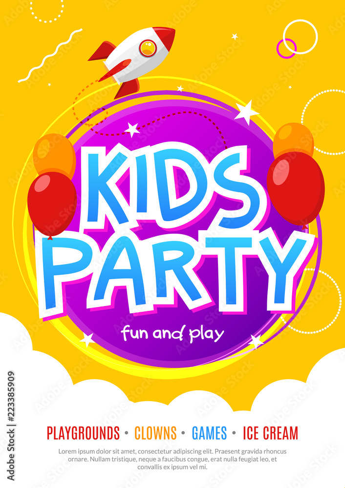 Kids fun party celebration flyer design template. Child event banner decoration. Birthday invitation poster background