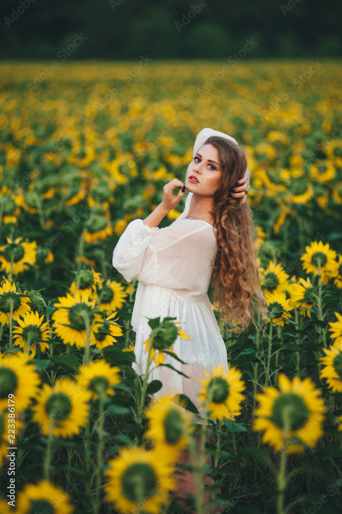 Young beautiful woman in a dress among blooming sunflowers. Agro-culture. Young beautiful woman in a dress among blooming sunflowers. Agro-culture.