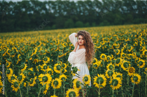 Young beautiful woman in a dress among blooming sunflowers. Agro-culture. © Денис Кипкаев