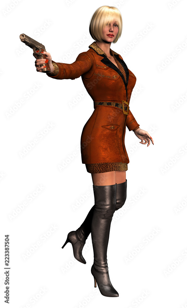 elegant woman with gun, brown dress and boots, 3d illustration elegant woman with gun, brown dress and boots, 3d illustration