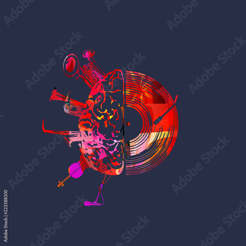 Music background with colorful vinyl record and music instruments vector illustration. Artistic music festival poster, live concert, creative design with lp record