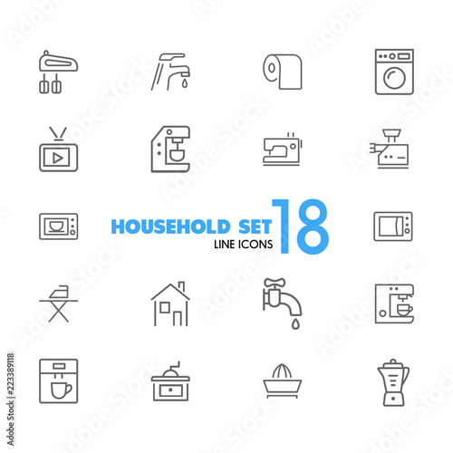 Household icons. Set of  line icons. Washing machine, TV set, sewing machine. Domestic appliances. Vector illustration can be used for topics like housework, housekeeping, technology