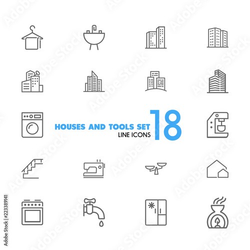 Houses and tools icons. Residential district, coffee machine, fridge. Home services concept. Vector illustration can be used for topics like domestic life, public service, housing development