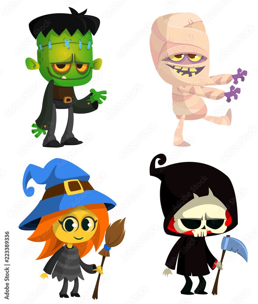Set of Halloween characters. Vector cartoon zombie, mummy, witch with a broom, grim reaper with scythe.  Great for party decoration