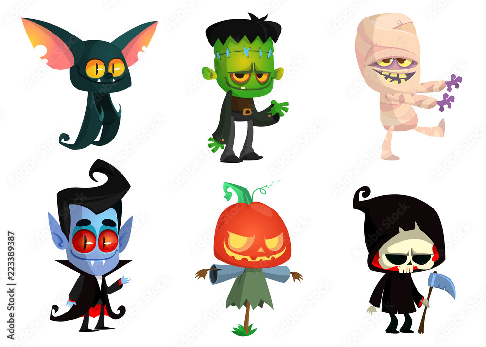 Set Of Halloween Characters Vector Mummy Zombie Vampire Bat Death Grim  Reaper Pumpkin Head Great For Party Decoration Or Sticker Stock  Illustration - Download Image Now - iStock